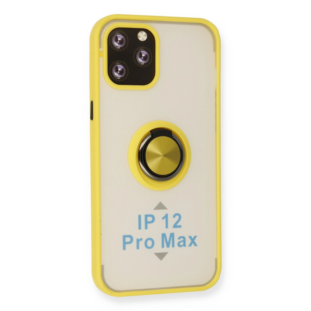 Halka tutuculu ve üçlü kameralı sarı iPhone 12 Pro Max kılıfı.