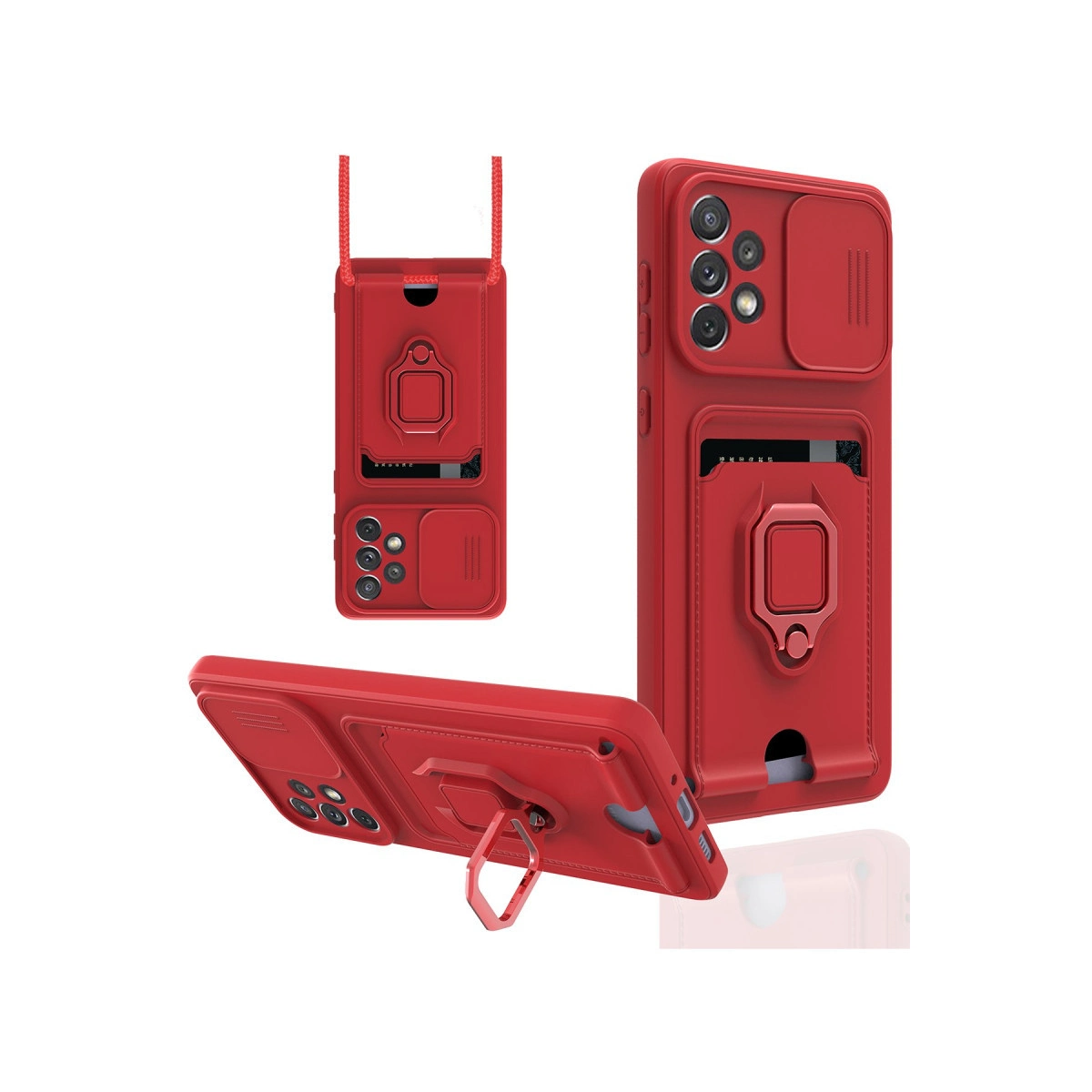 Kart tutuculu, halkalı ve kamera kapaklı kırmızı telefon kılıfı.