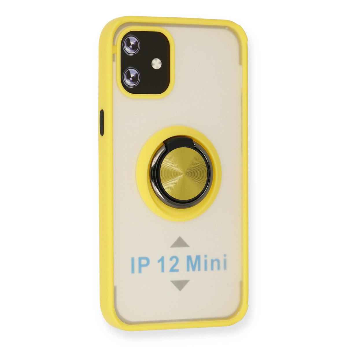 Sarı iPhone 12 Mini kılıfı halka tutuculu ve kamera kesimli.