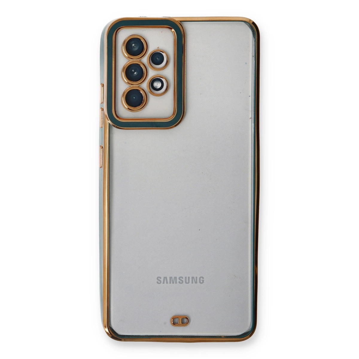 Altın kenarlı şeffaf telefon kılıfı, beş kamera lensi ve Samsung logosu.