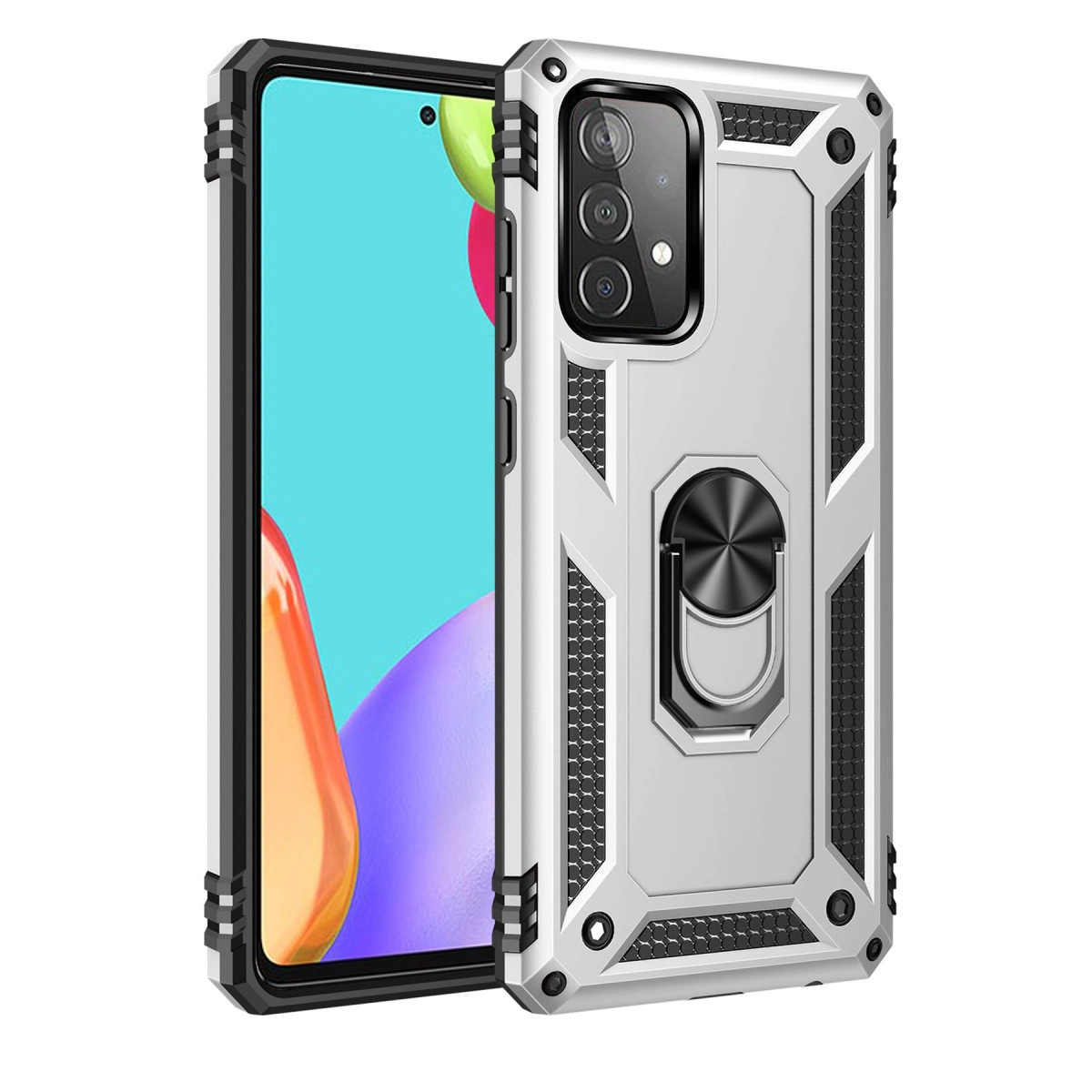 Gümüş renkli telefon kılıfı, halka tutucu ve siyah çerçeveli.