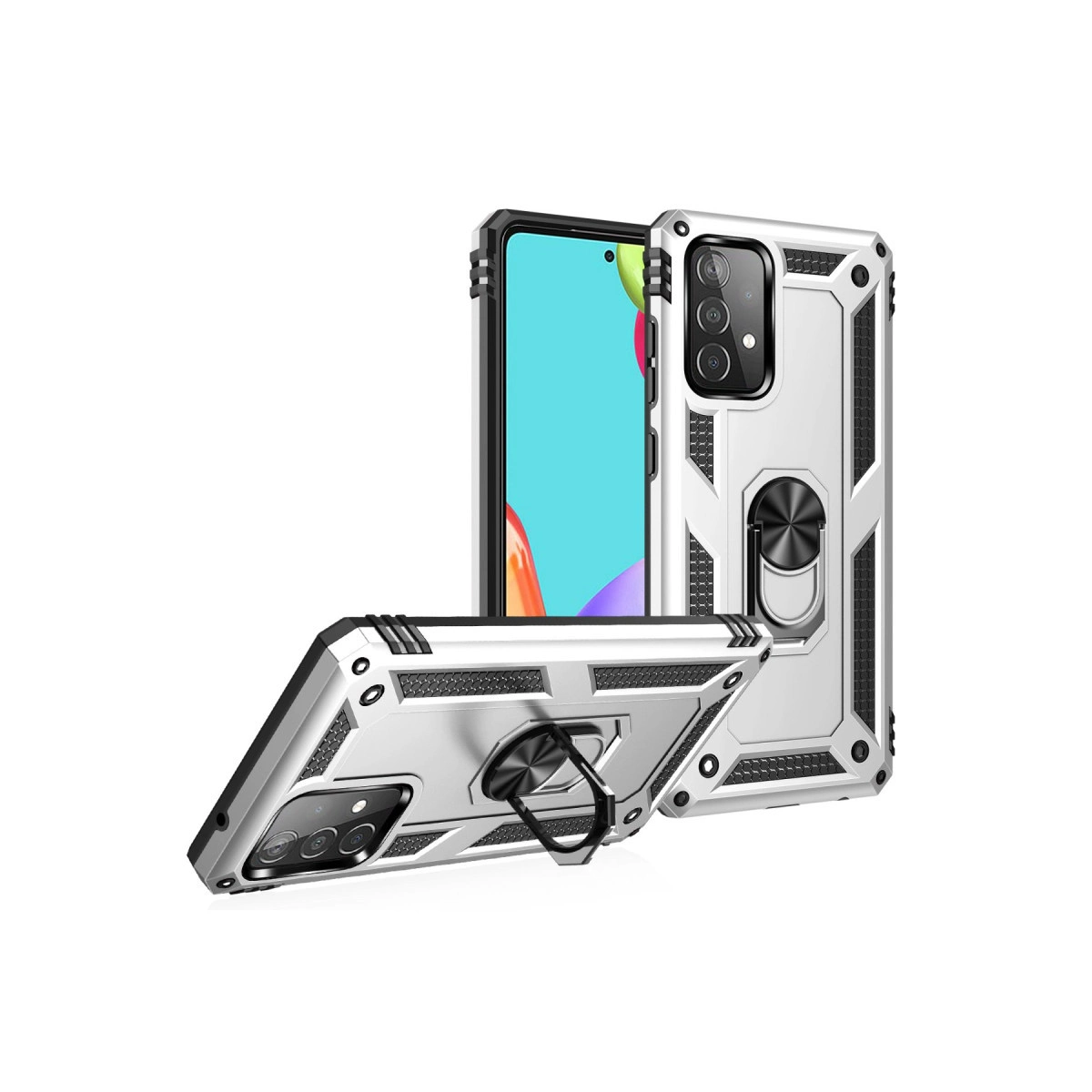 Halka tutuculu gümüş telefon kılıfı, ön ve arka görünüm.