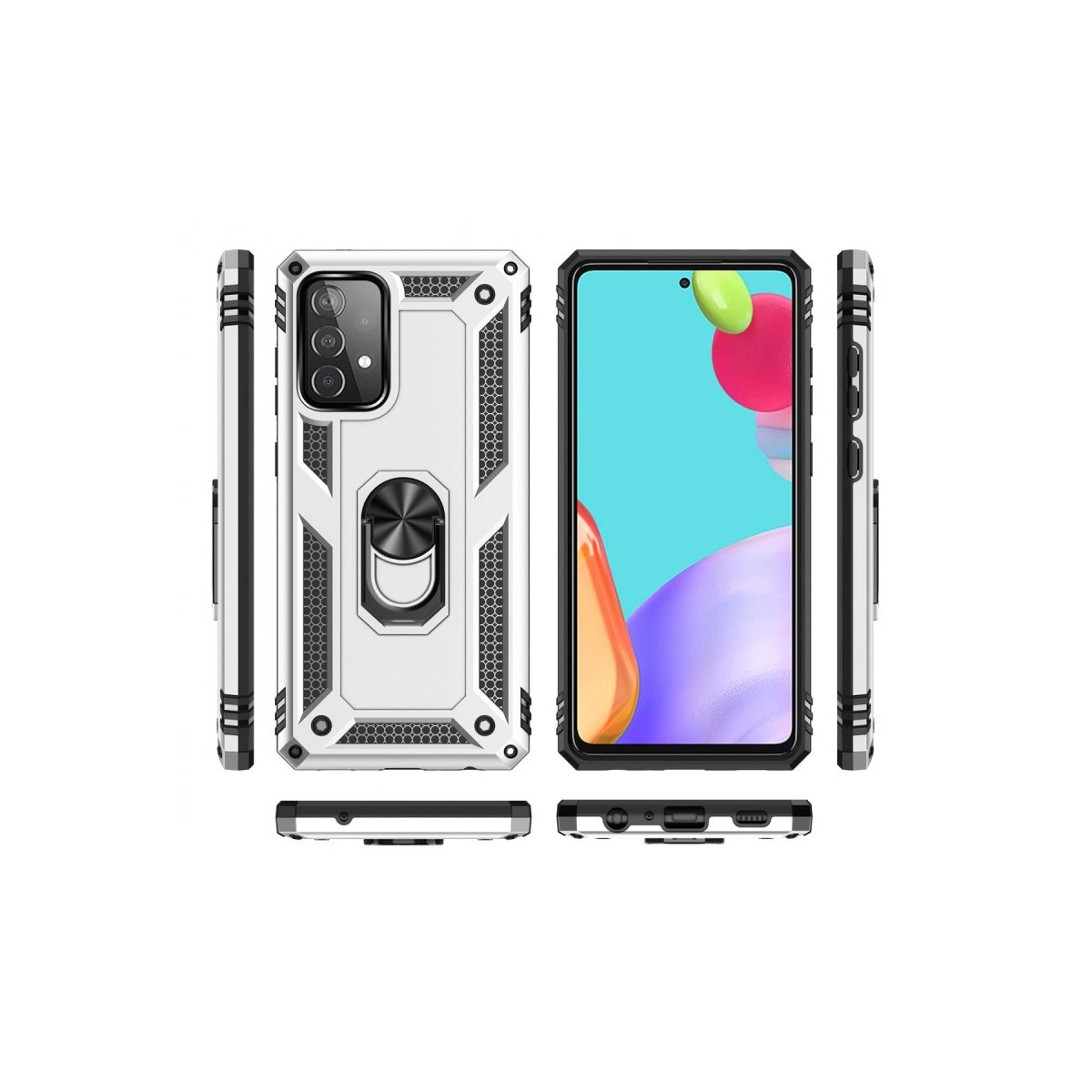 Halka tutuculu beyaz telefon kılıfı ve akıllı telefonun yan görünümleri.