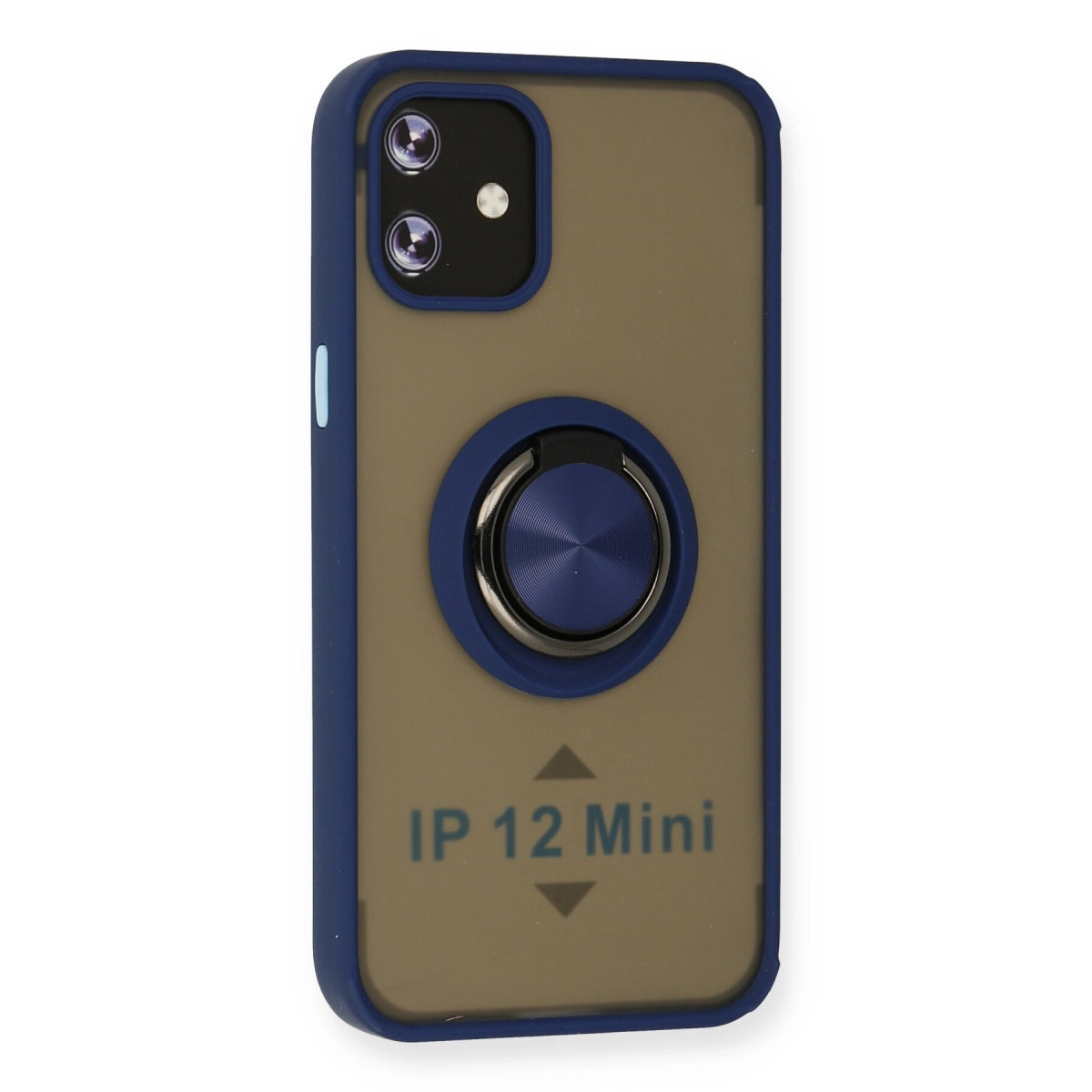 Mavi kenarlı ve halka tutuculu kahverengi telefon kılıfı. 'IP 12 Mini' yazar.