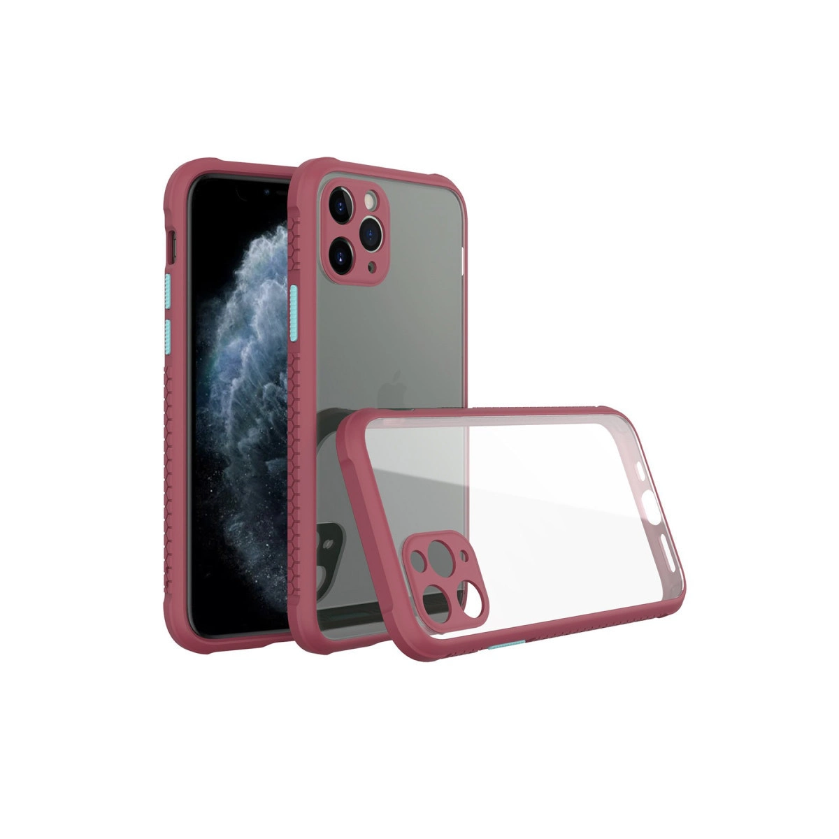 Şeffaf arka ve kamera kesimine sahip pembe telefon kılıfı seti.