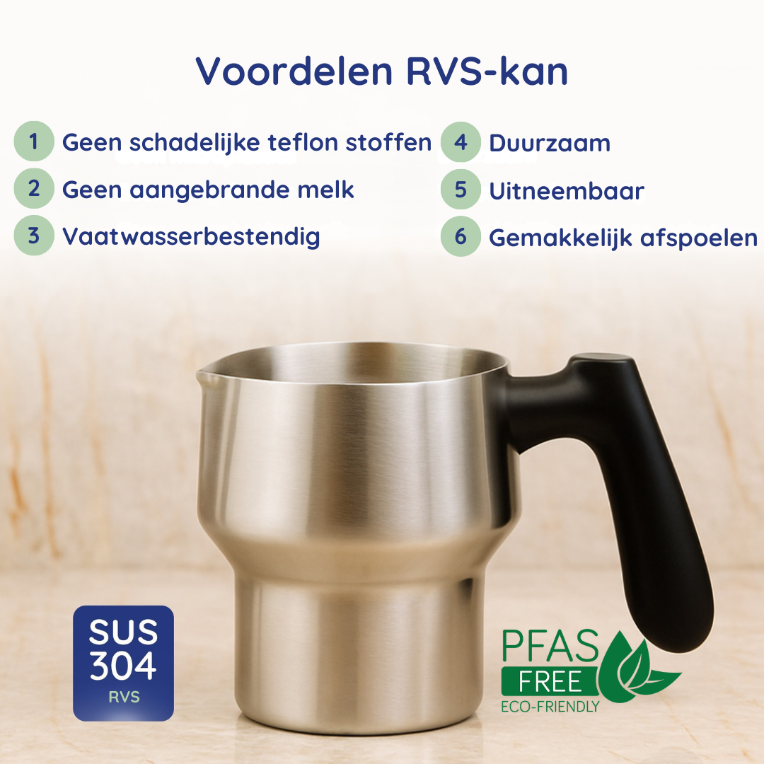 RVS kan met zwarte handgreep, SUS 304, PFAS-vrij, voordelen opgesomd.