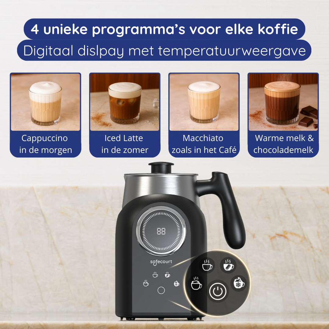 Koffiezetapparaat met 4 programma's: Cappuccino, Iced Latte, Macchiato, warme melk & chocolade.