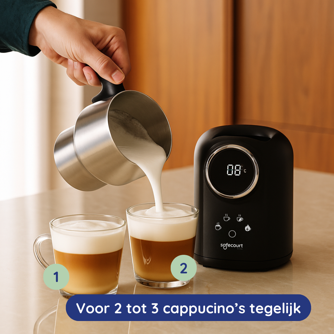 Melk wordt in twee koppen koffie gegoten, ernaast staat een zwart apparaat.