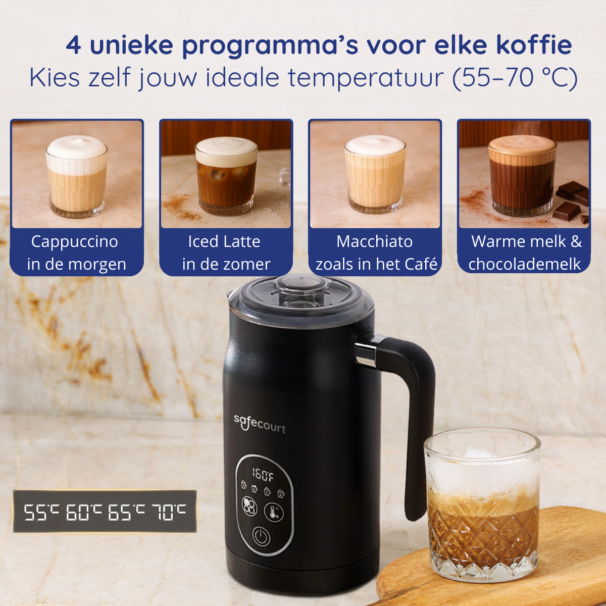 Een zwarte melkopschuimer met vier koffiedranken en temperatuurweergave.