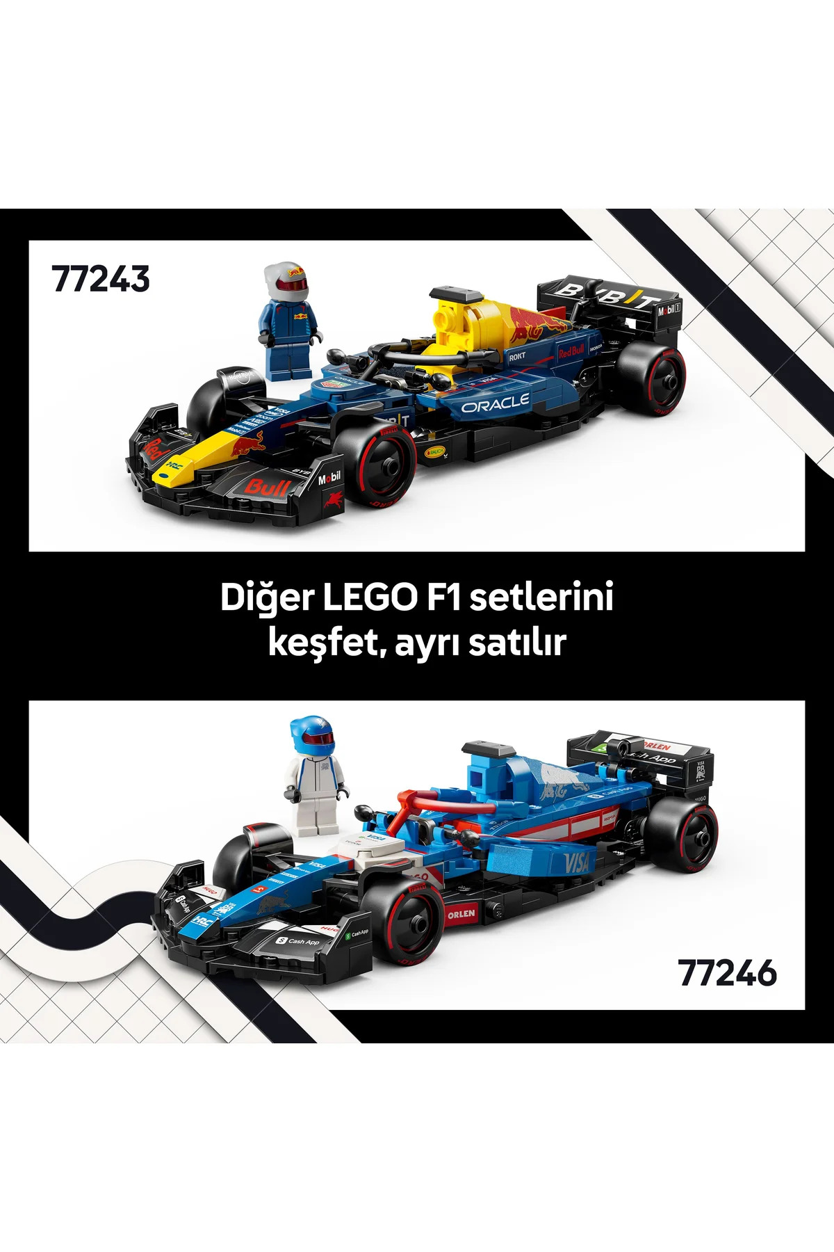 İki LEGO Formula 1 aracı: biri mavi, diğeri lacivert, sürücü figürüyle.