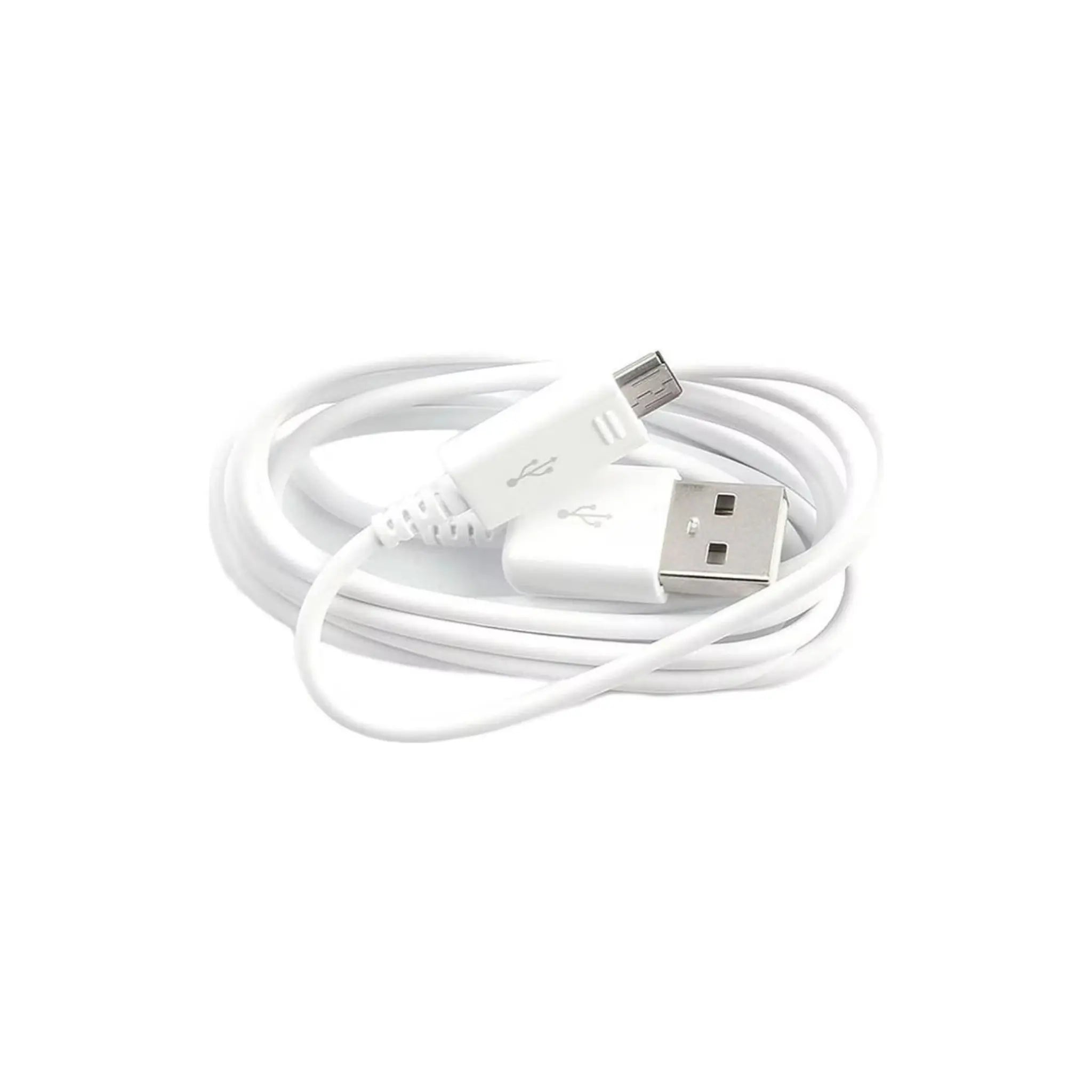 Ein weißes USB-Kabel mit USB-A- und Micro-USB-Anschlüssen, aufgerollt.