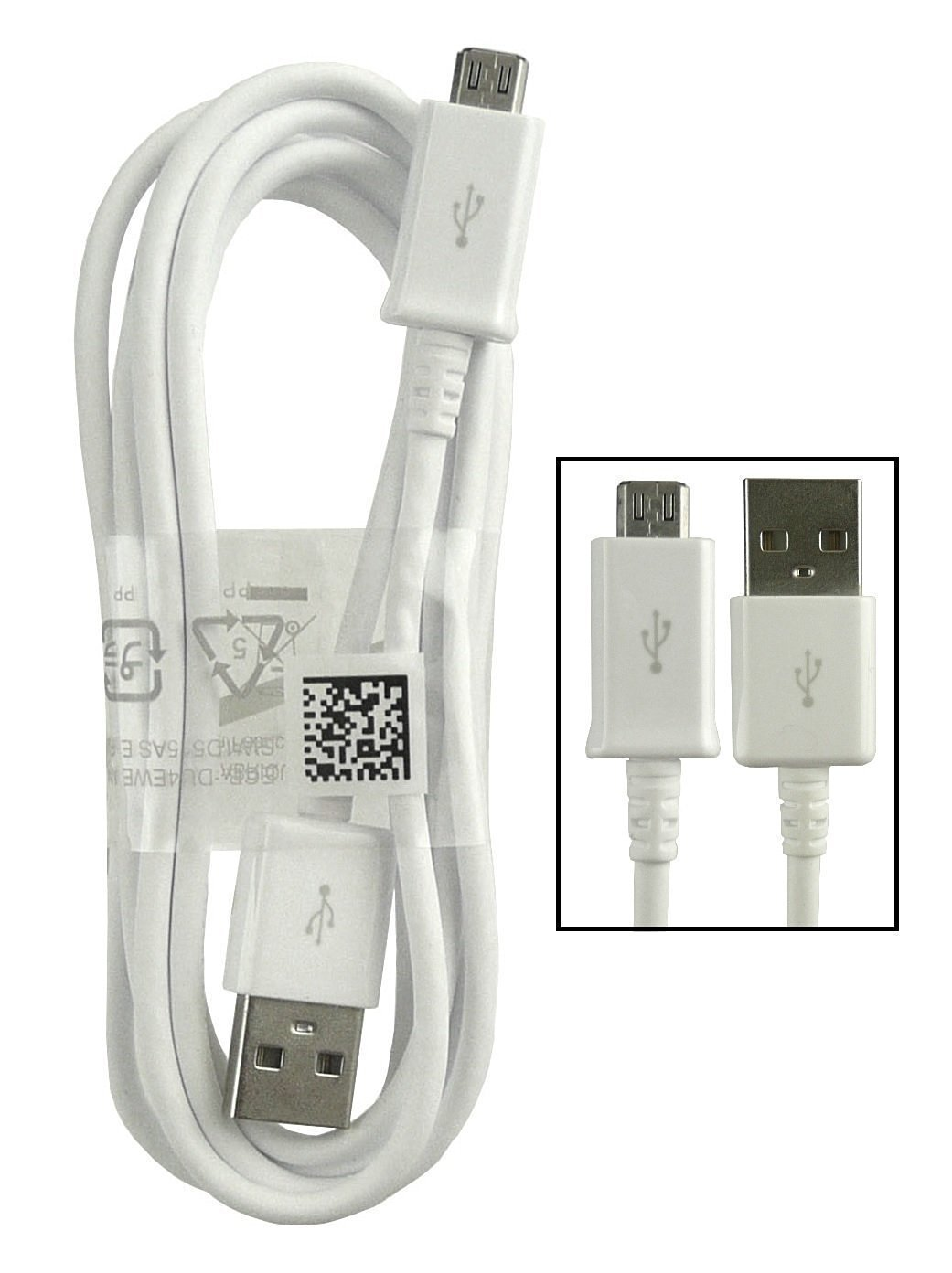 Ein weißes USB-zu-Micro-USB-Kabel mit Anschlüssen im Detail.
