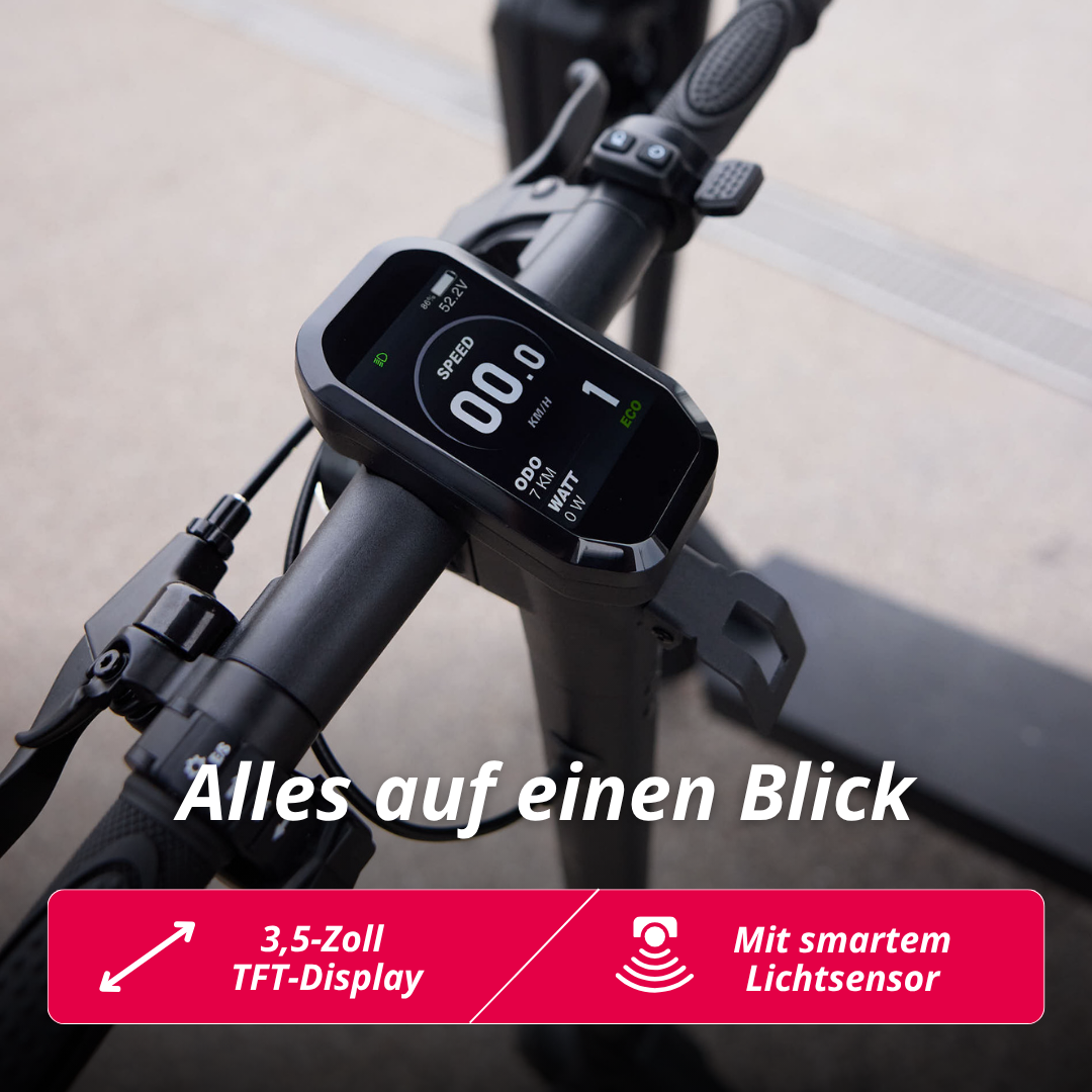 Elektroroller-Display mit Geschwindigkeit, ODO, Watt und ECO-Modus.
