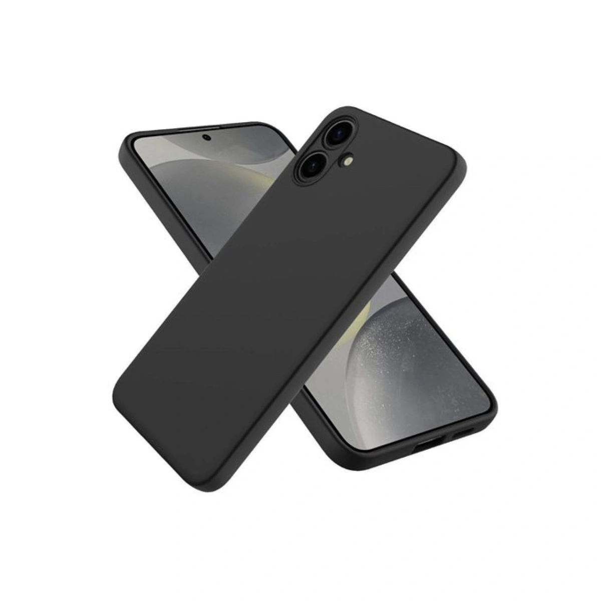İki siyah telefon kılıfı beyaz zeminde üst üste biniyor.