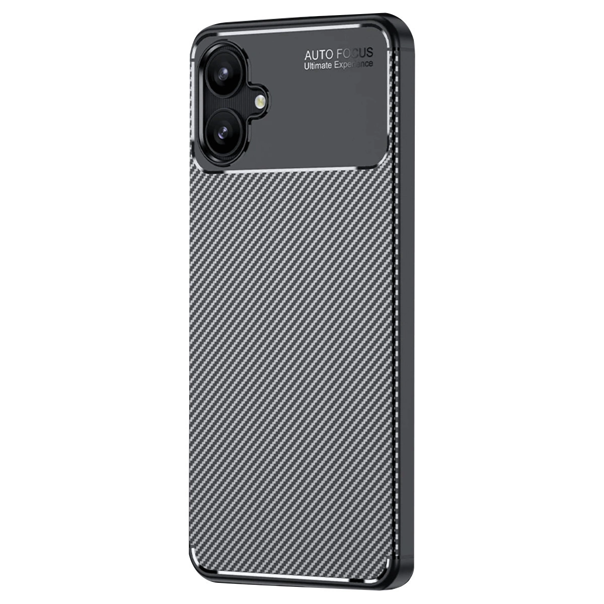 Karbon fiber desenli, üstte iki kamera lensli siyah telefon kılıfı.