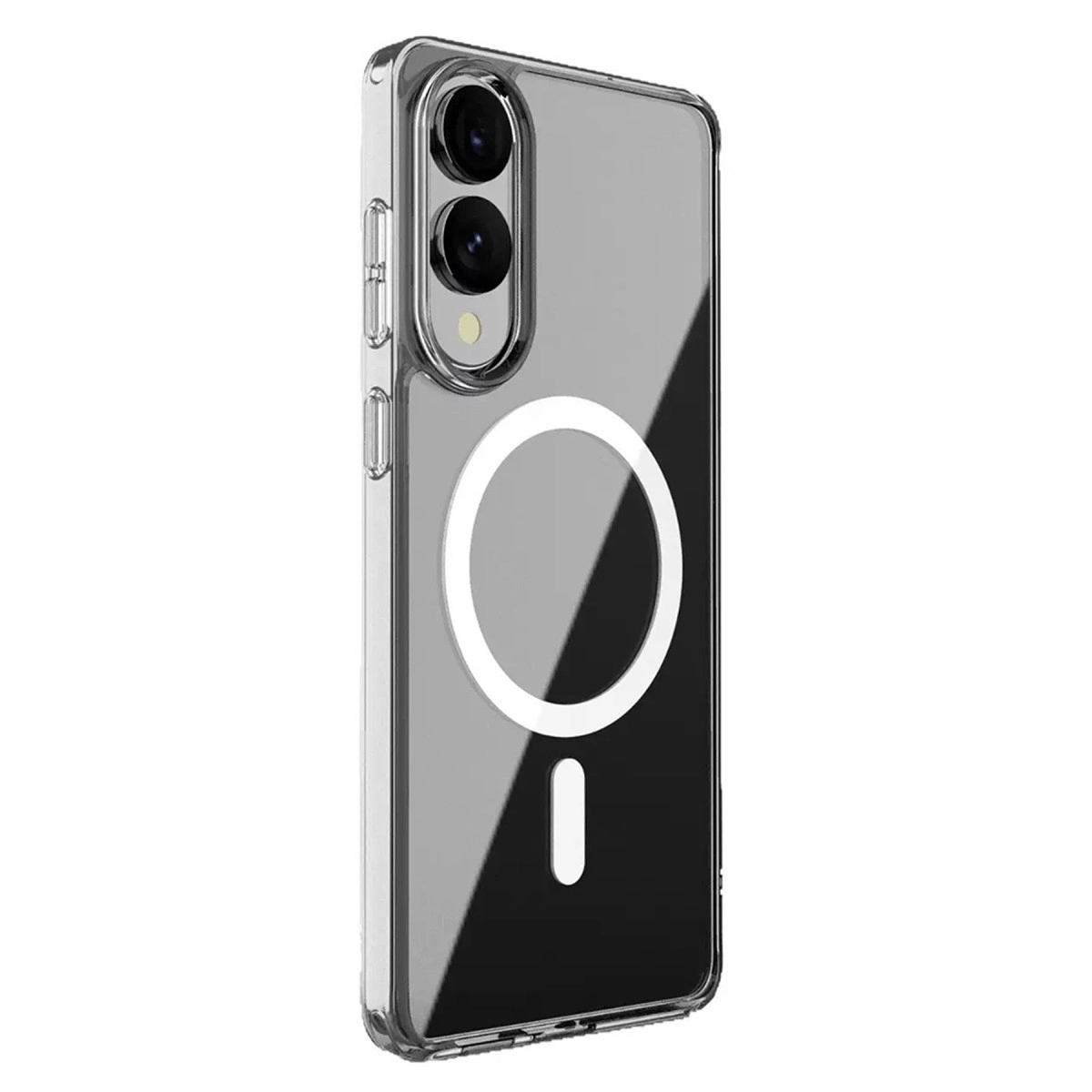 Kamera korumalı ve beyaz halkalı şeffaf telefon kılıfı.