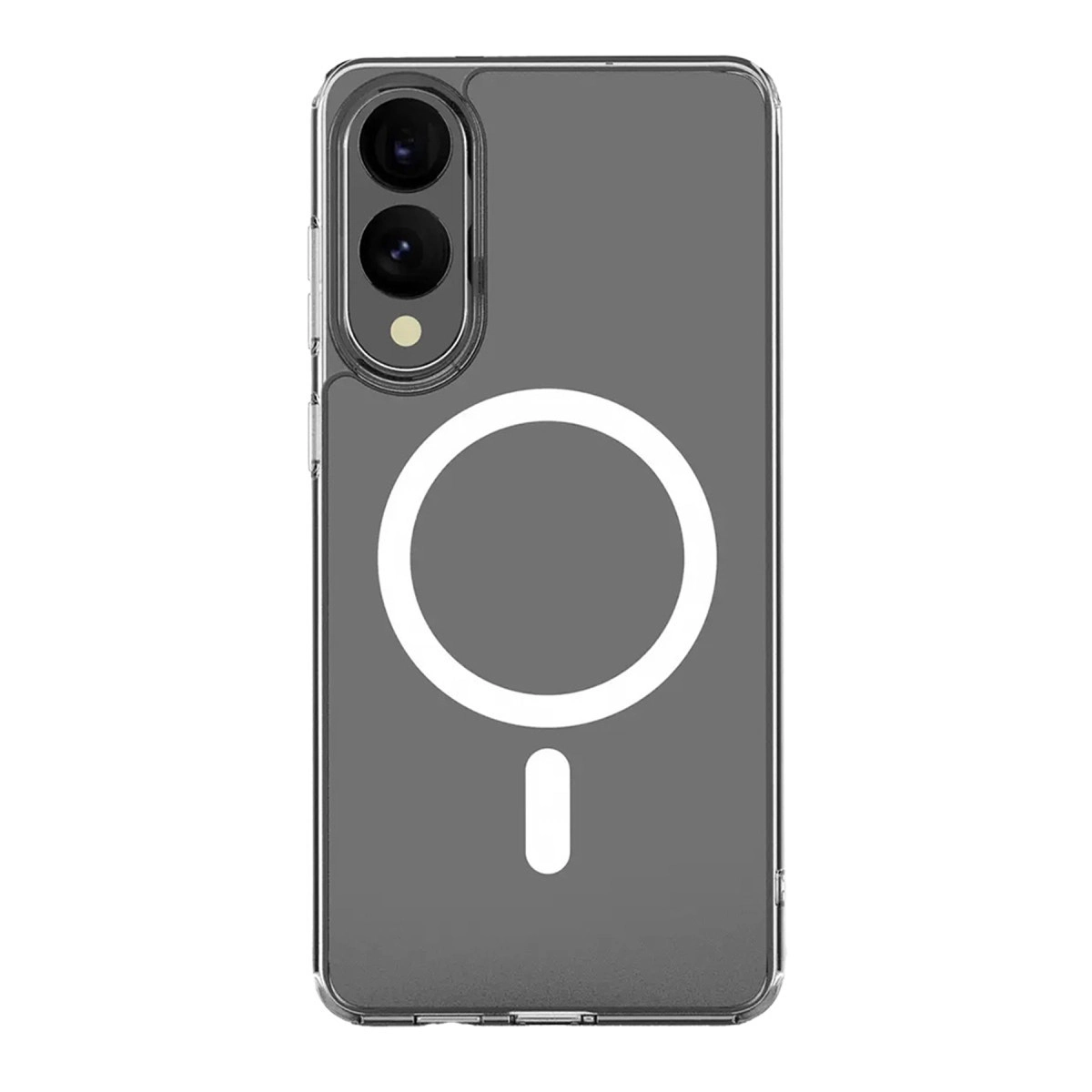 İki kameralı, beyaz halka ve çizgi desenli gri telefon kılıfı.