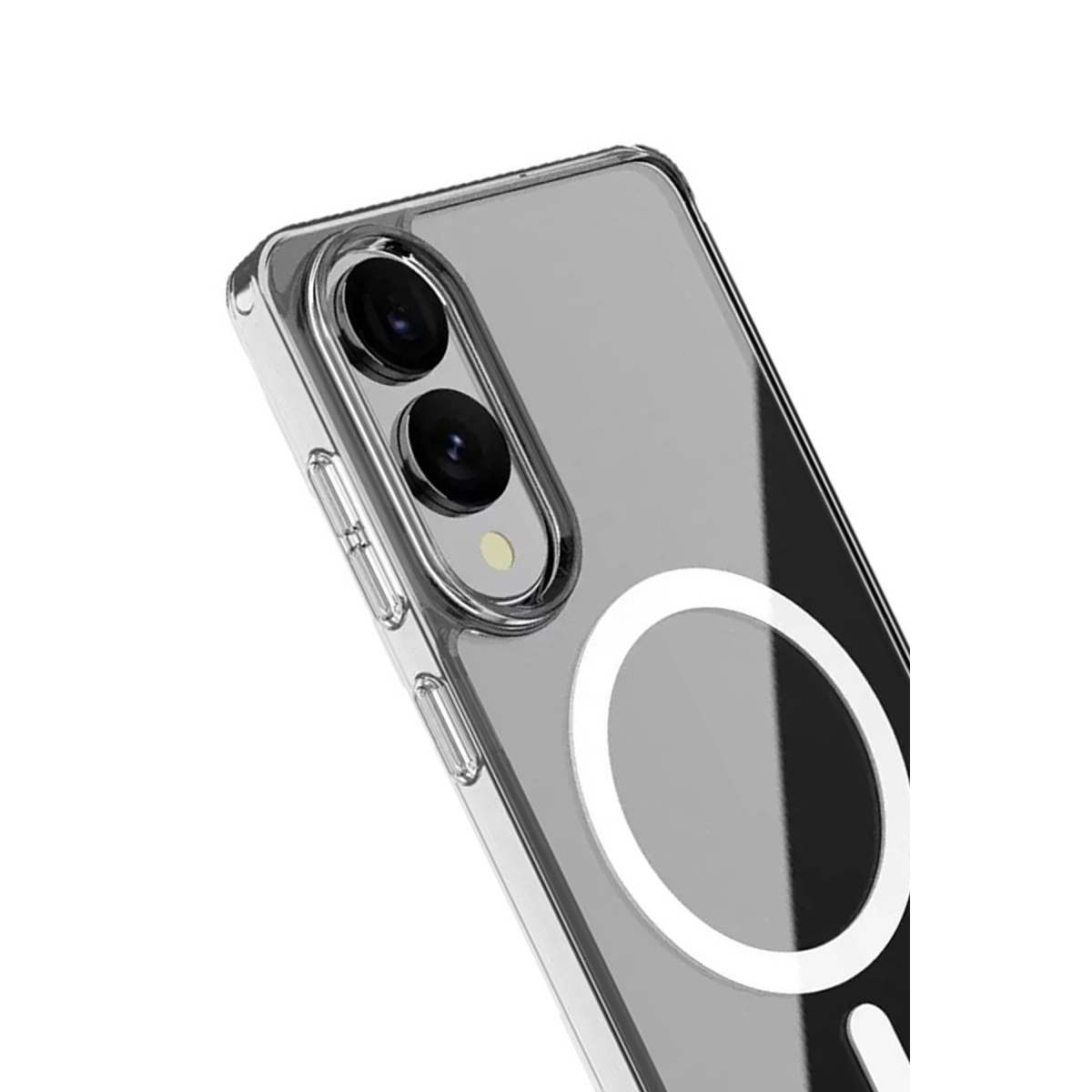 Beyaz arka plan üzerinde iki kamera ve beyaz halkalı şeffaf telefon kılıfı.