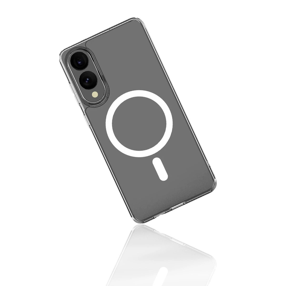 Beyaz arka plan üzerinde manyetik halkalı şeffaf telefon kılıfı.