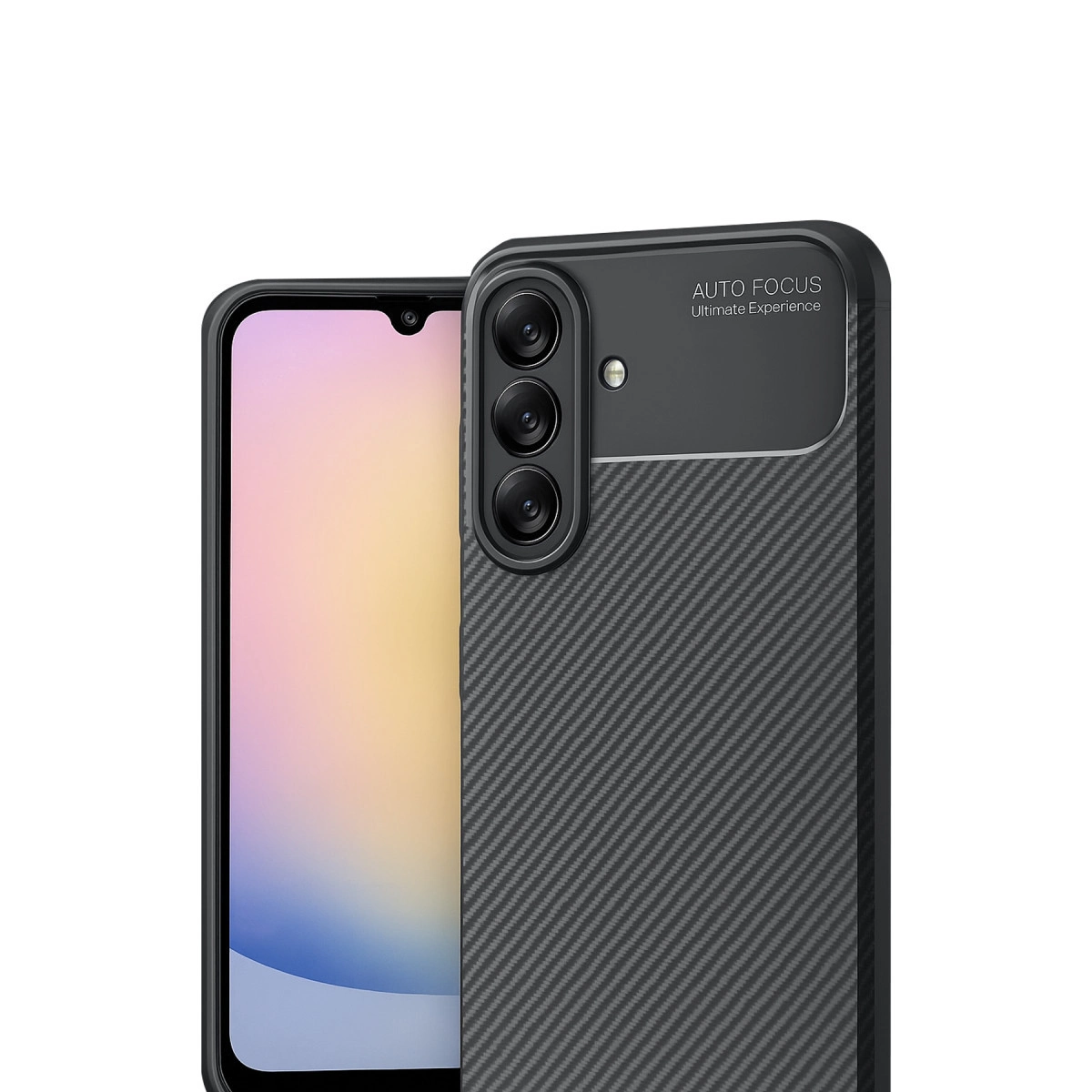 Üç kameralı, karbon fiber kılıflı siyah akıllı telefon.