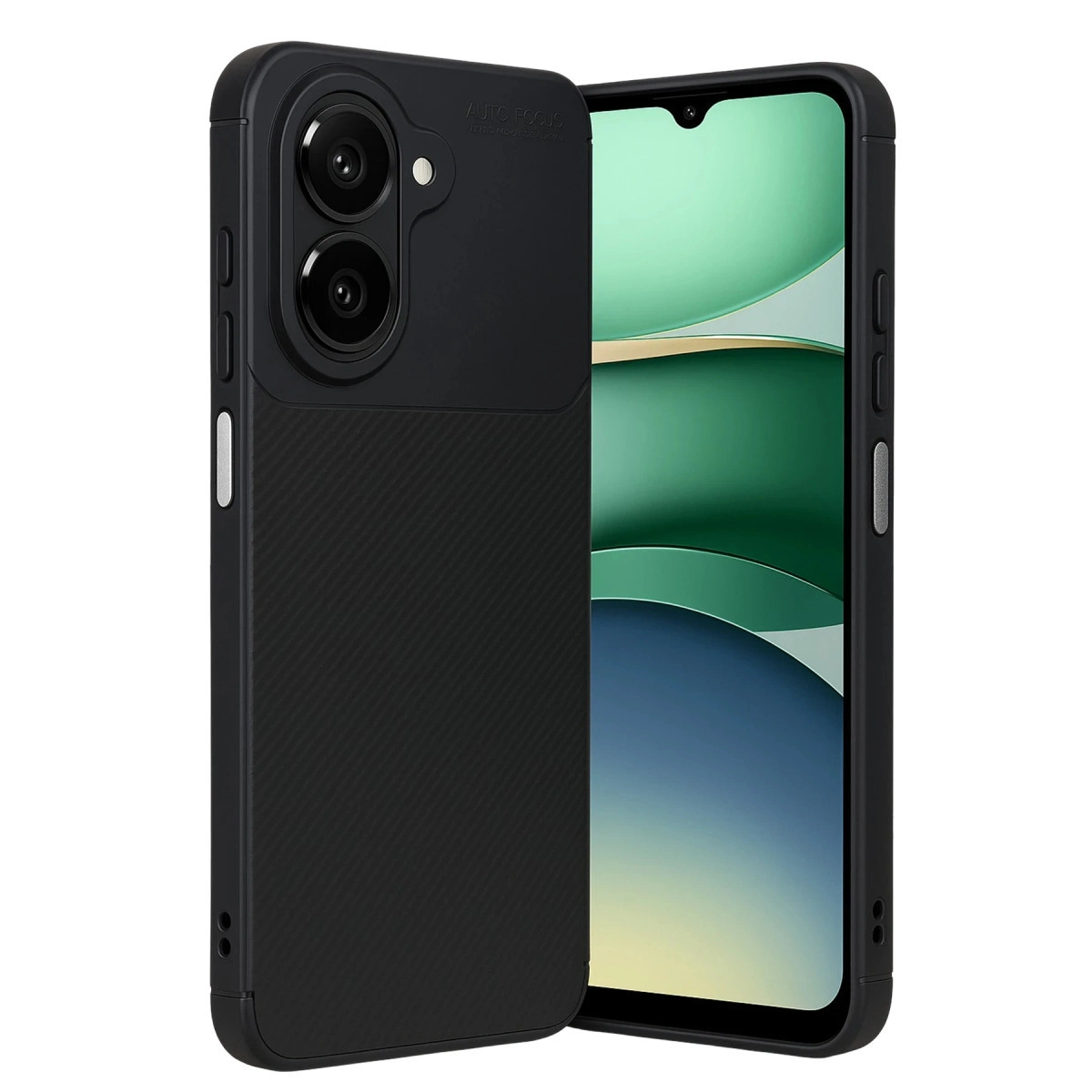 İki kamera lensli, nervürlü dokulu siyah telefon kılıfı.