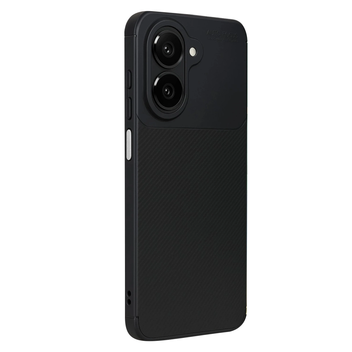 Doku kaplı arka yüze ve çift arka kameraya sahip siyah telefon.