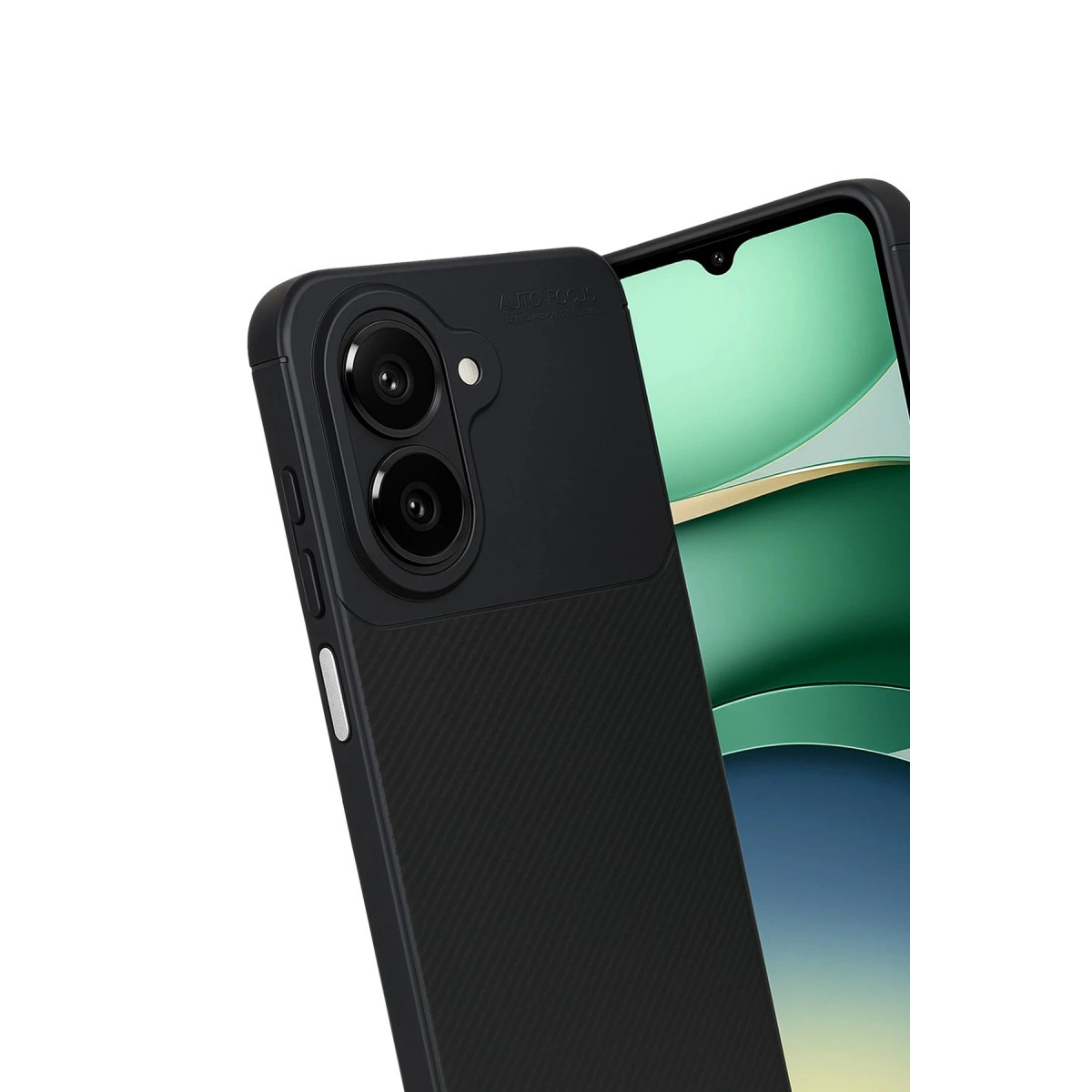 İki kameralı, dokulu tutuşlu siyah telefon kılıfı. Ekranın bir kısmı görünür.