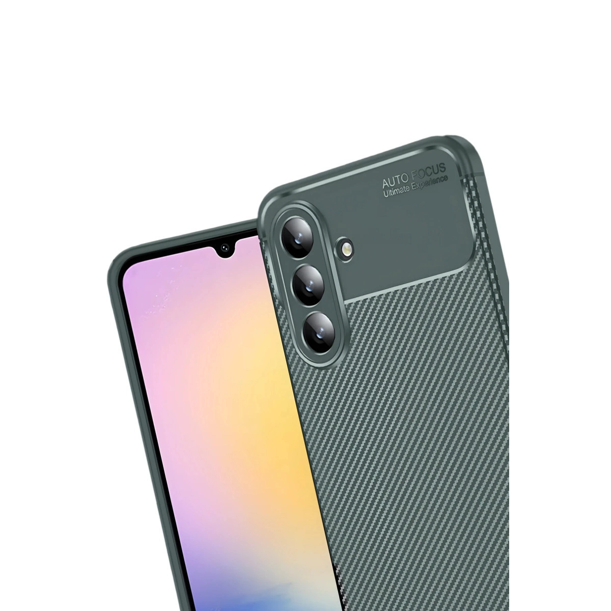 Karbon dokulu kılıflı koyu gri telefon ve üç kamera.