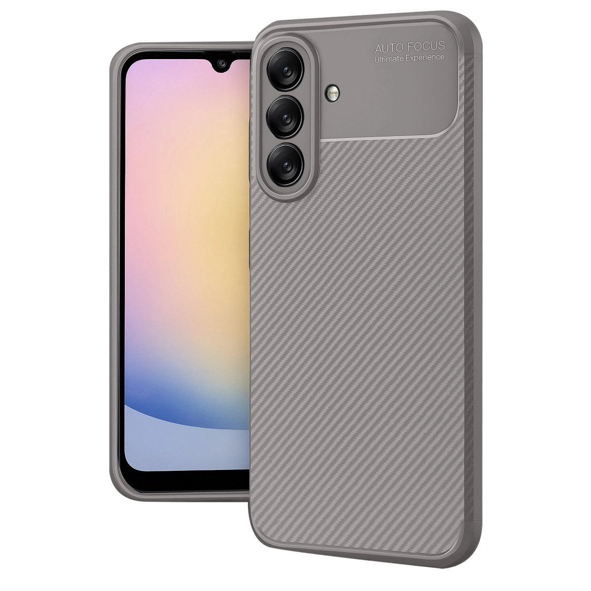 Karbon desenli kılıflı gri telefon, üç arka kamera görünüyor.