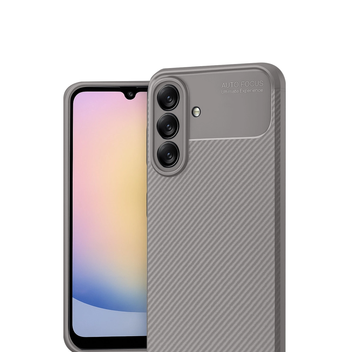 Üç kameralı gri akıllı telefon ve karbon fiber kılıf.