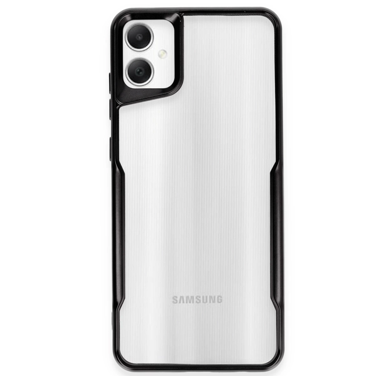 Siyah çerçeveli, çift kameralı şeffaf telefon kılıfı.