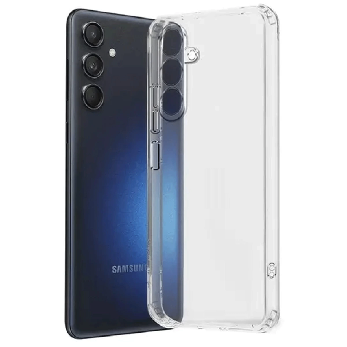Şeffaf koruyucu kılıfın yanında koyu mavi akıllı telefon.