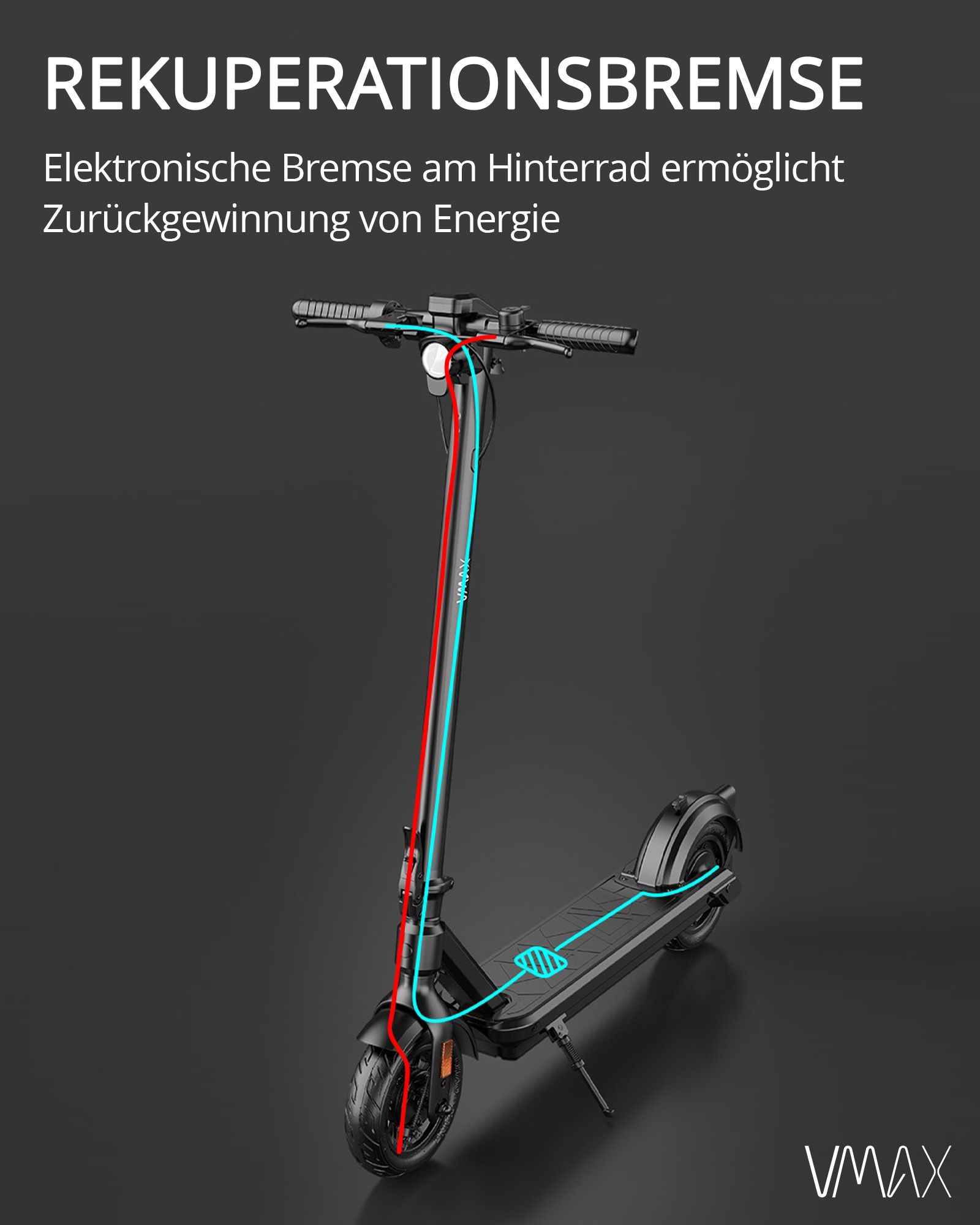 Elektroroller mit roten und blauen Linien, die Energiefluss darstellen.