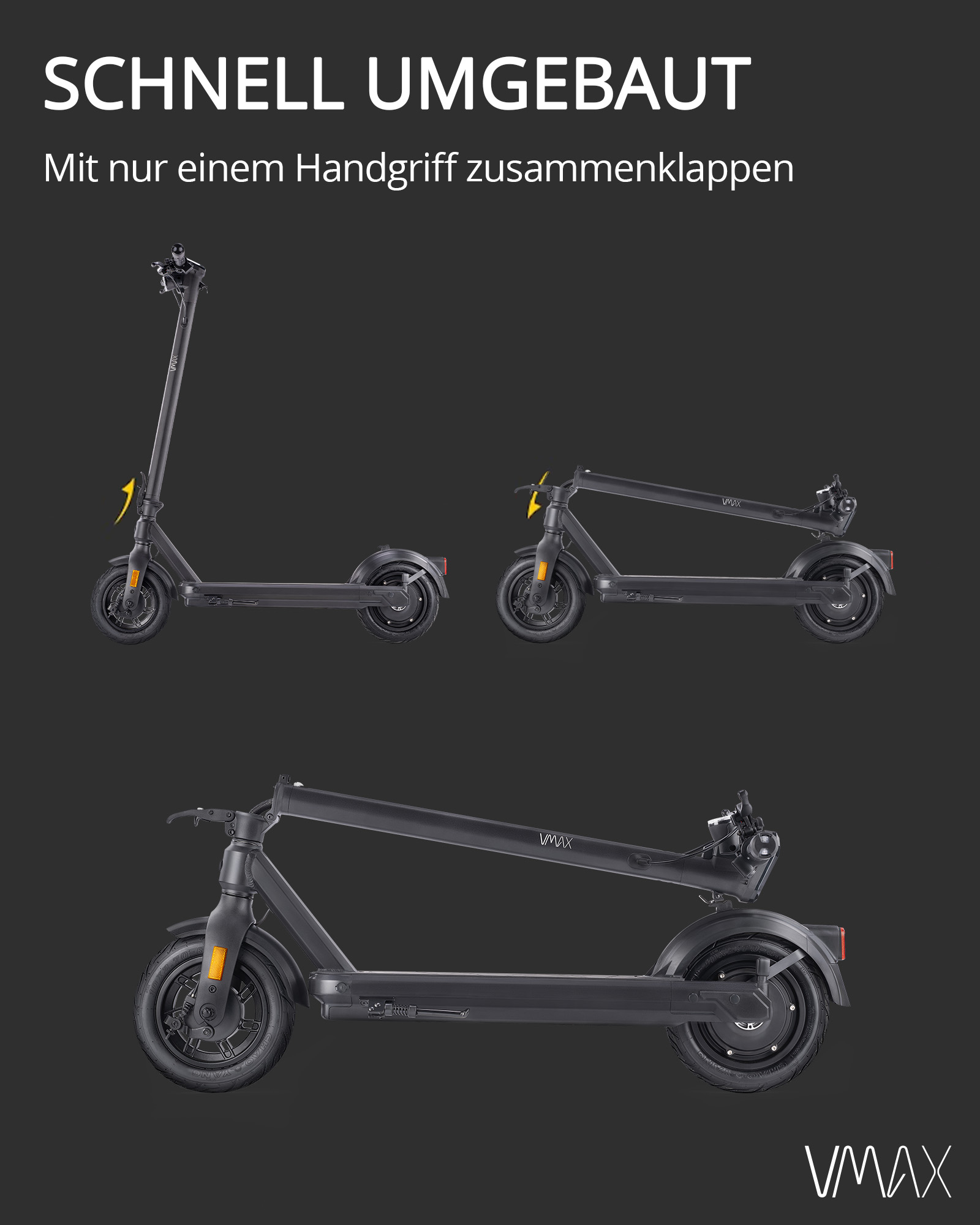 Ein schwarzer Elektroroller wird gezeigt, der zusammenklappbar ist.