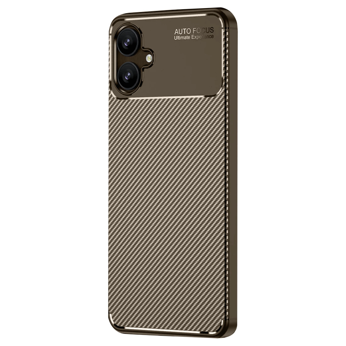Karbon fiber desenli, üstte iki kamera lensli kahverengi telefon kılıfı.