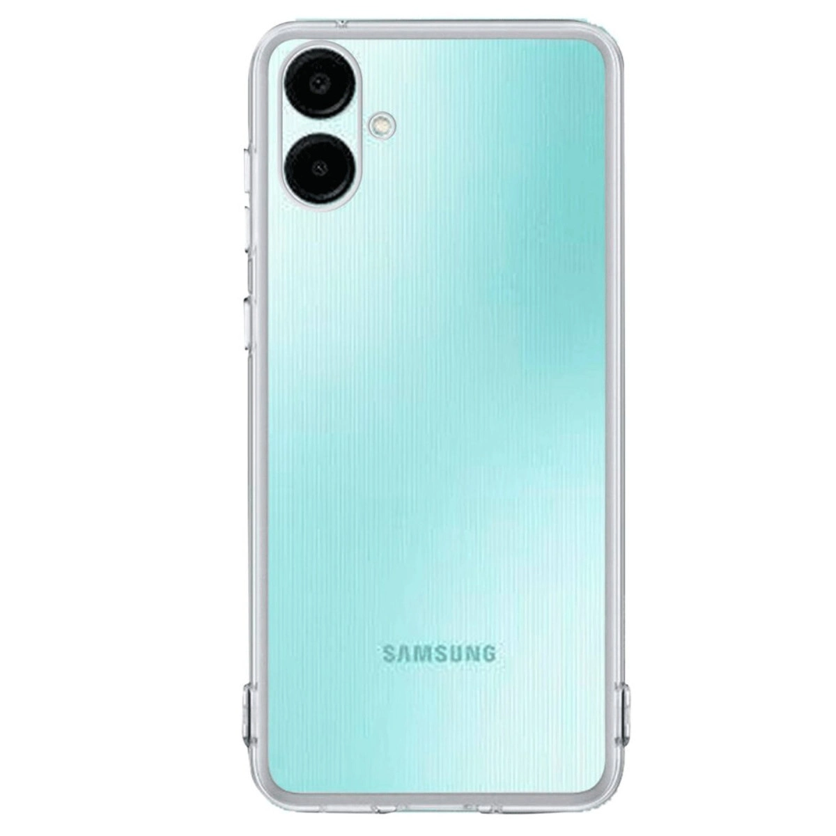 İki kameralı ve flaşlı turkuaz Samsung telefonun arka yüzü.