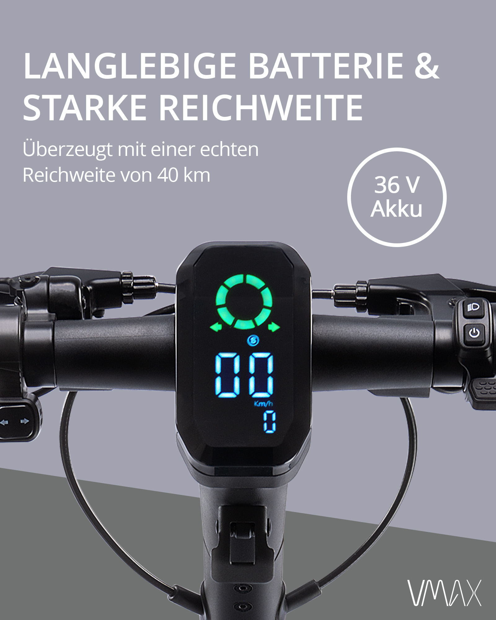 Lenker eines E-Scooters mit digitalem Display, das 00 Km/h anzeigt.