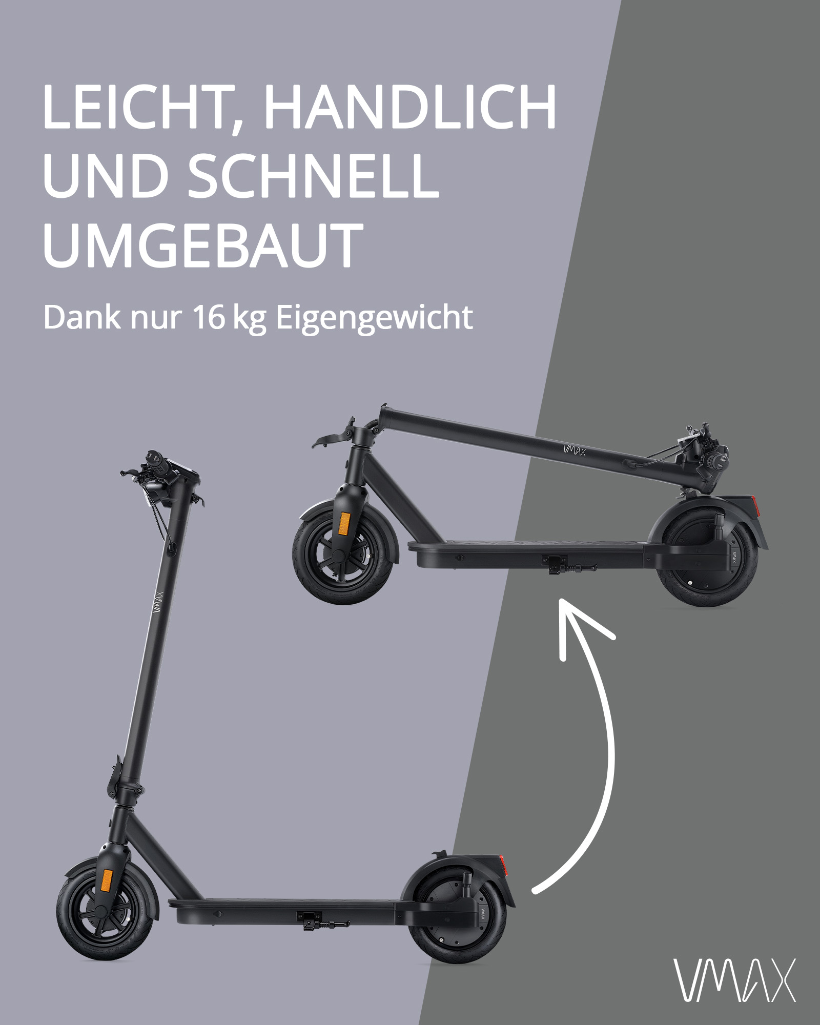 Zwei schwarze E-Scooter, einer aufrecht, einer liegend, mit Text.