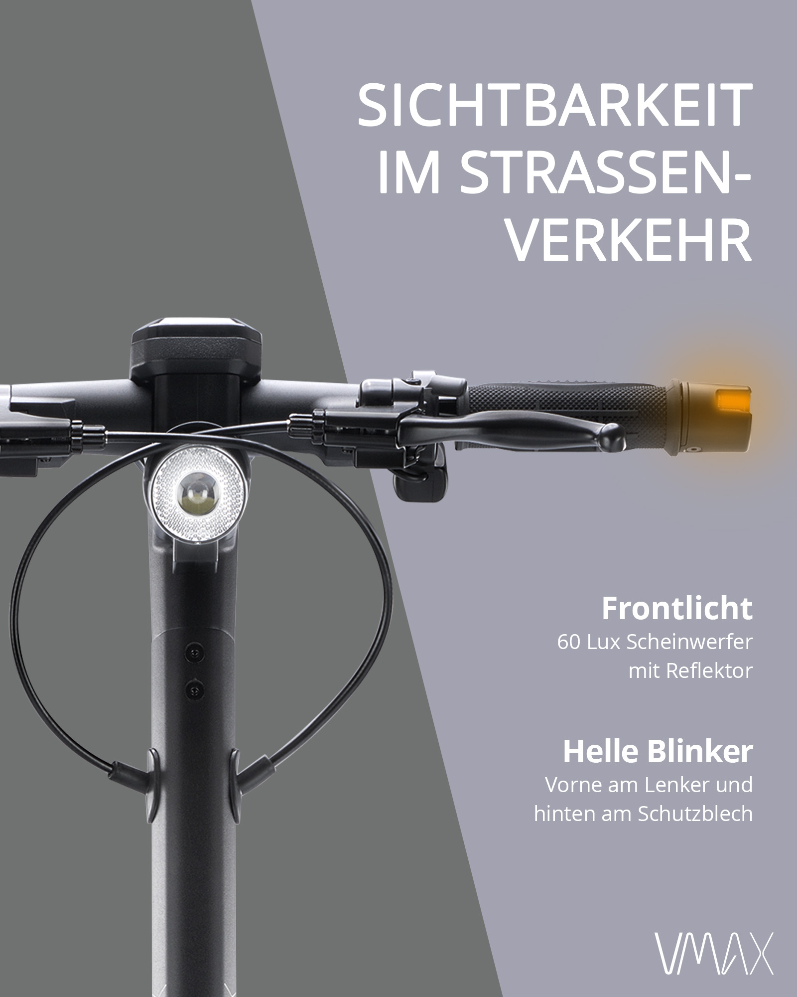 E-Scooter Lenker mit Frontlicht, Blinkern und Text über Sichtbarkeit.