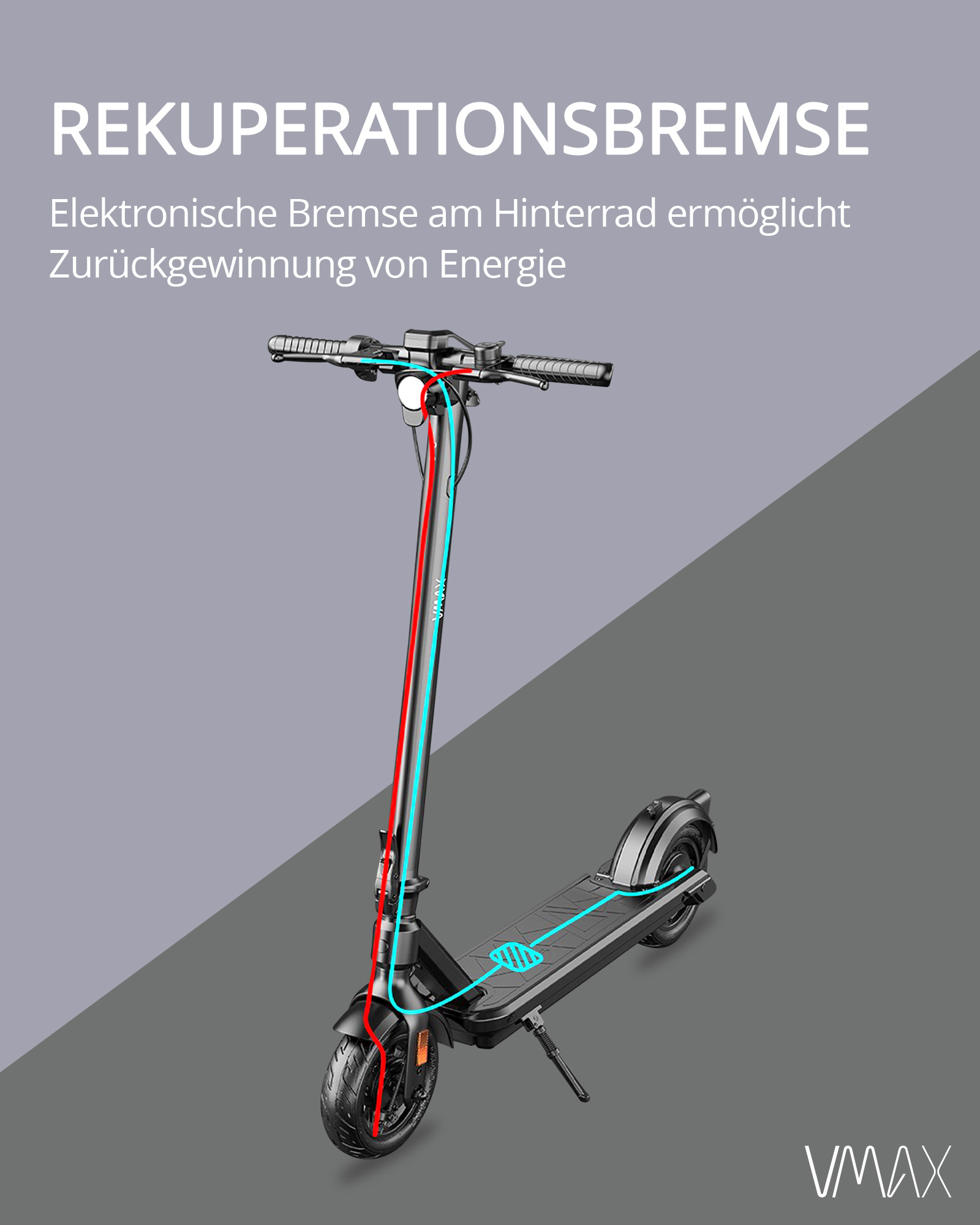 Elektroroller mit roten und blauen Leitungen, die die Bremse zeigen.