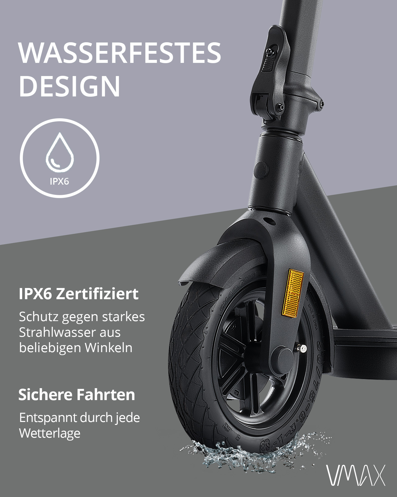 Schwarzer Elektroroller mit IPX6-Zertifizierung, schützt vor starkem Strahlwasser.