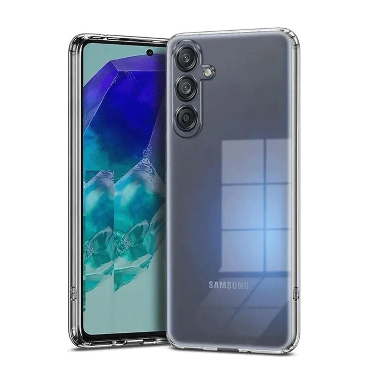 Üç arka kamerası ve Samsung logosu olan şeffaf telefon kılıfı.