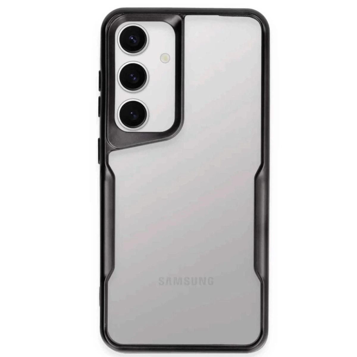 Üç kameralı, şeffaf sırtlı siyah Samsung telefon kılıfı.