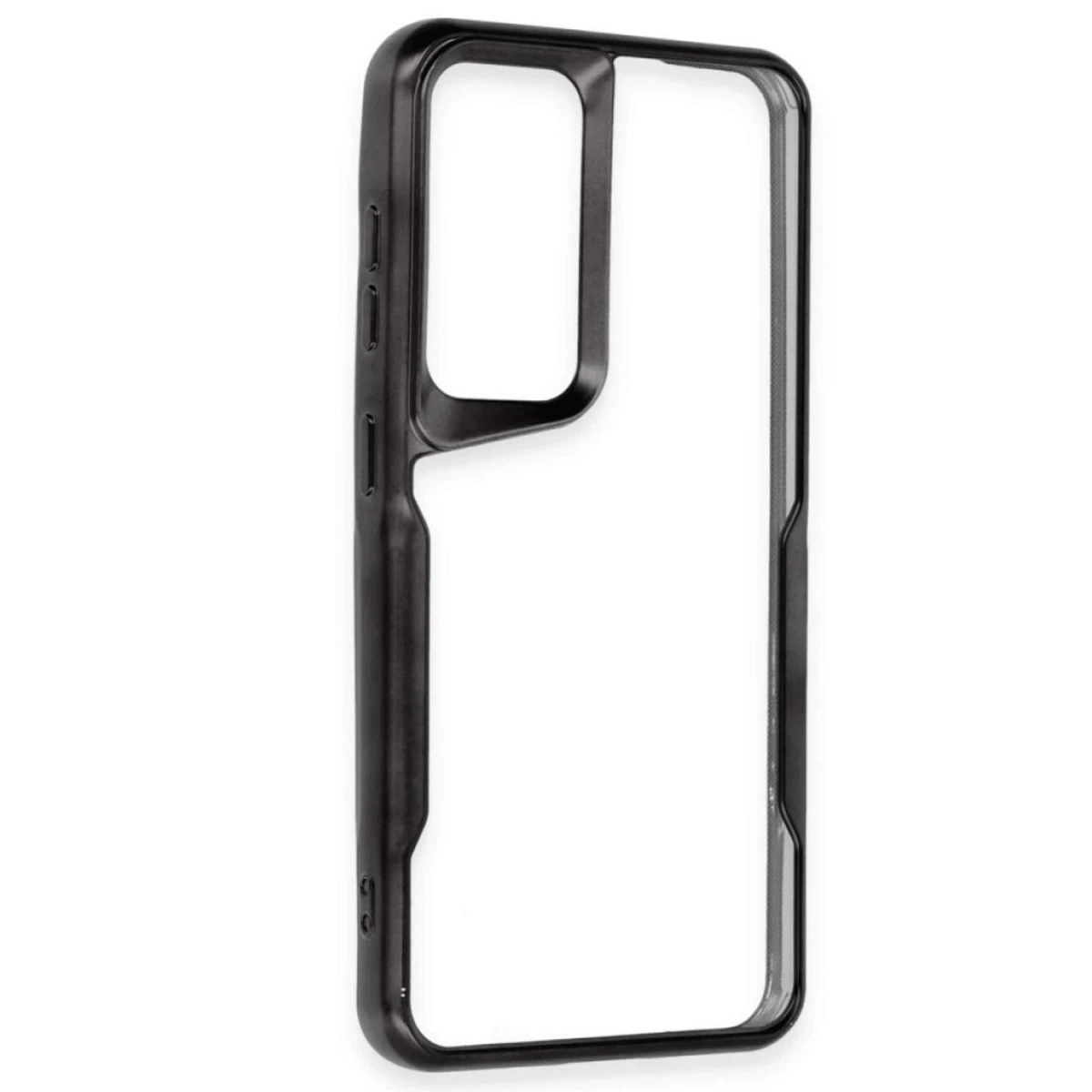 Kamera ve düğmeler için kesikleri olan siyah şeffaf telefon kılıfı.