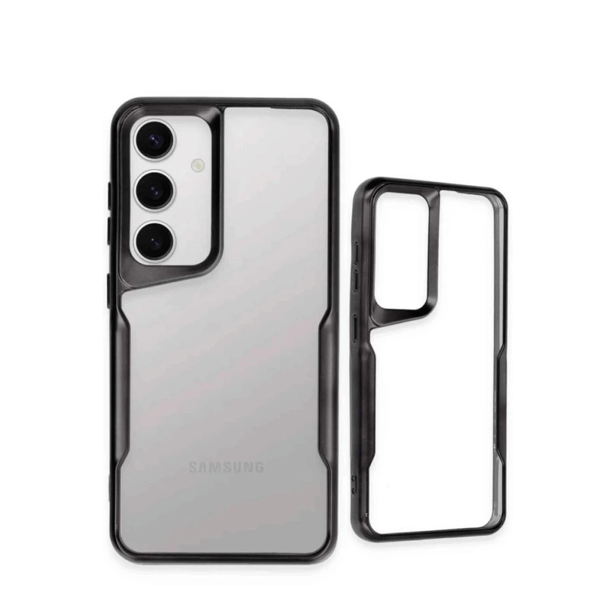 Siyah çerçeveli ve kamera kesimli şeffaf telefon kılıfı.