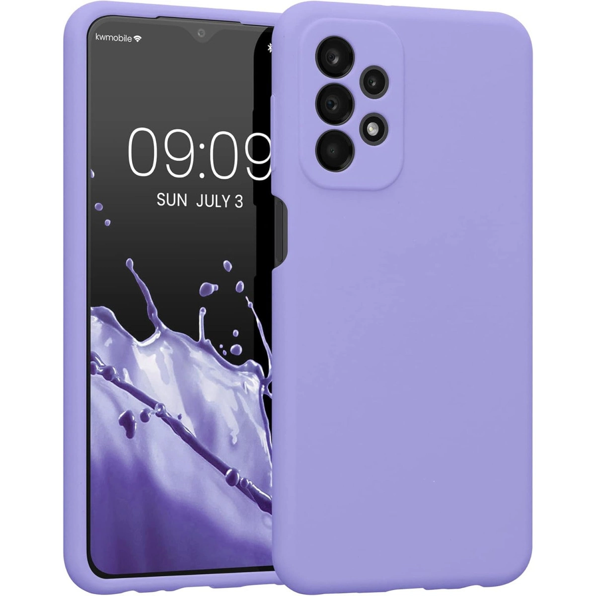Mor bir telefon, su sıçrama duvar kağıdı ve dörtlü kamera kurulumu.