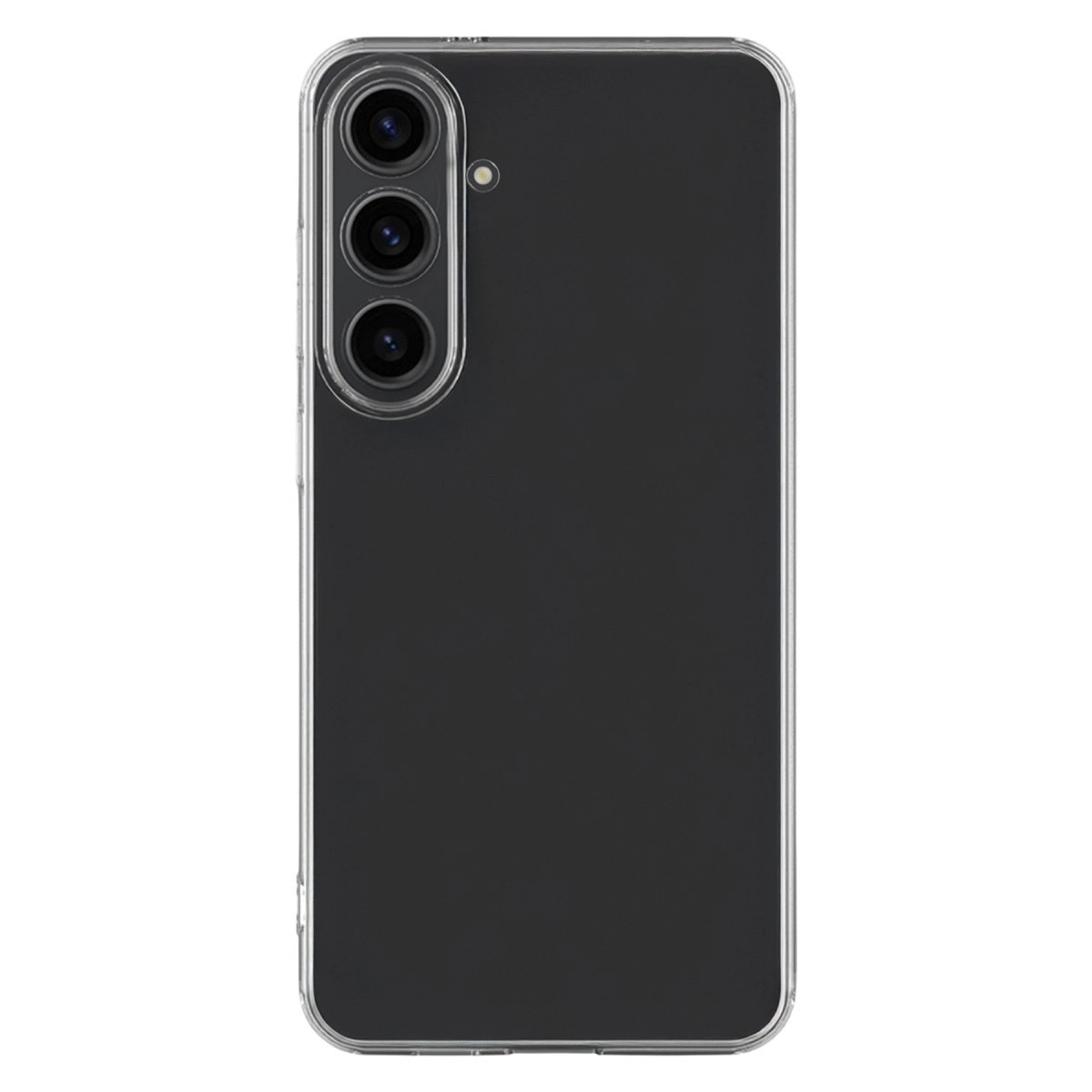 Koyu renkli telefonda dikey olarak hizalanmış üç kamera lensi gösteren şeffaf telefon kılıfı.