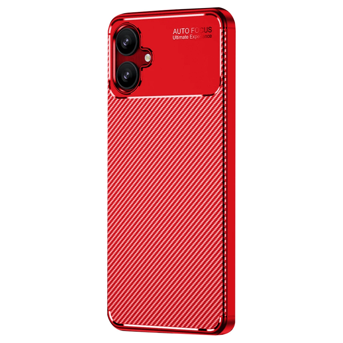 Karbon fiber dokulu kırmızı telefon kılıfı ve iki kamera modülü.