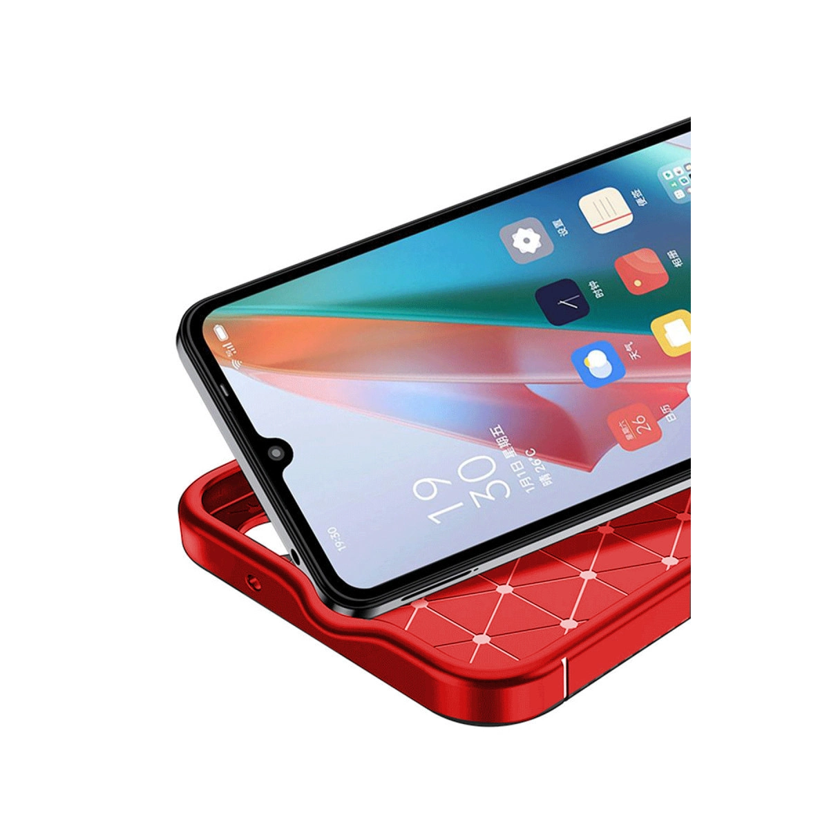 Geometrik desenli kırmızı bir kılıf üzerinde duran kırmızı bir akıllı telefon. Saat 19:30.