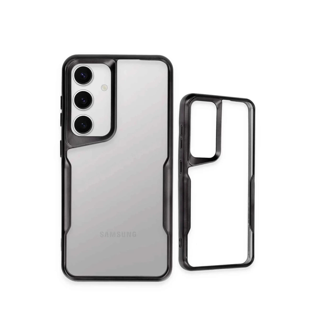Siyah bir telefonun yanında şeffaf telefon kılıfı.
